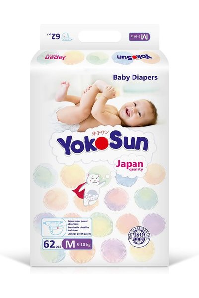 YokoSun حفاضات أطفال مقاس 3 / M (5-10 كجم)، 62 قطعة، ناعمة ومضادة للحساسية، ح...