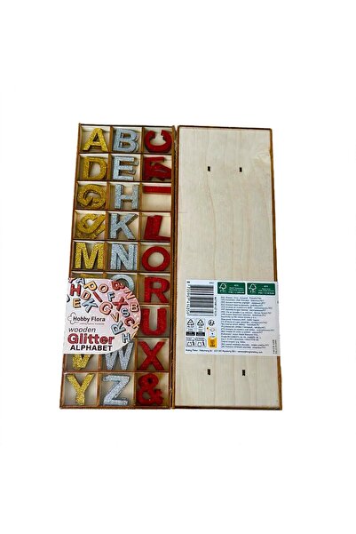 ACTION Set 27 Litere Alfabet Lemn cu Sclipici Hobby Flora Glitter 3-4cm Auriu Argintiu Rosu - Craft DIY Educativ
