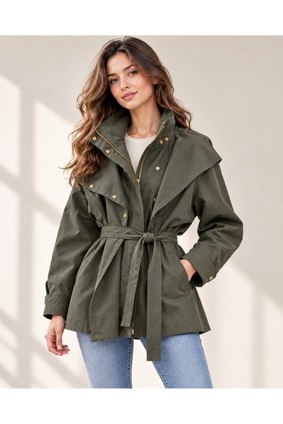 SEVENLINE Women's Khaki Belted Zippered Seasonal Jacket with Snap Detail and Stand Collar
