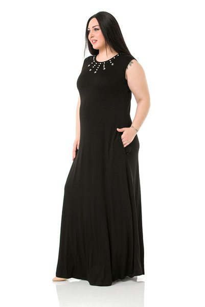 DISENTIS MODEST Plus Size Viscose Long Black Dress with Pearl Detail at the Collar and Pockets