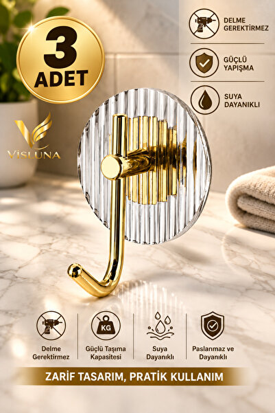 VİSLUNA ( 3 Adet ) Gold Renkli Şık Tasarım Yapışkanlı Şeffaf Askılık Banyo Ve Mutfak Askılığı Vida Gerektirmez