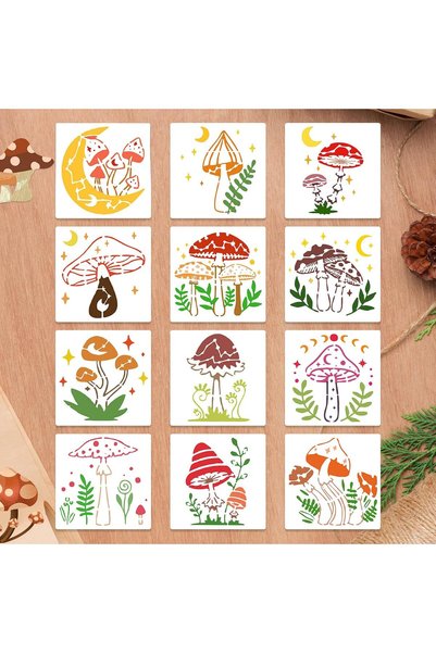 Generic 12PCS Mushroom Stencils, Reusable Plastic Craft Drawing Template