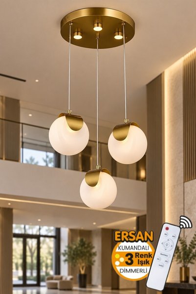 Ersan Avize Luce 3'lü Eskitme Kumandalı Beyaz Cam 3 Renk Işık Özellikli Dimme...