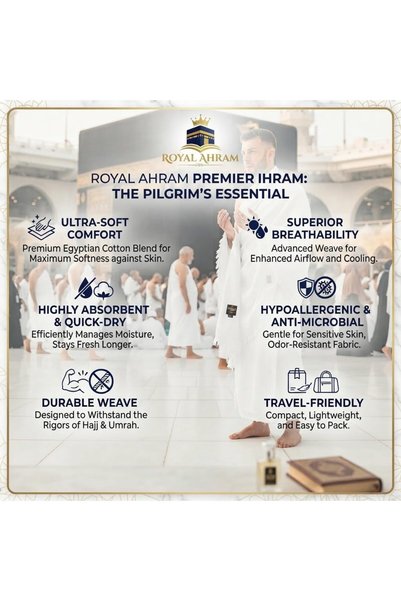 Generic BLACK DIAMOND 9-Piece Hajj & Umrah Travel Kit for Men - Pure Cotton Ihram Towel Set (2 Pcs) with Waterproof Belt, Crossbody Sling Bag, Slippers, Shoe Bag, Neck Pillow, Tasbeeh, Prayer Cards & Pins.