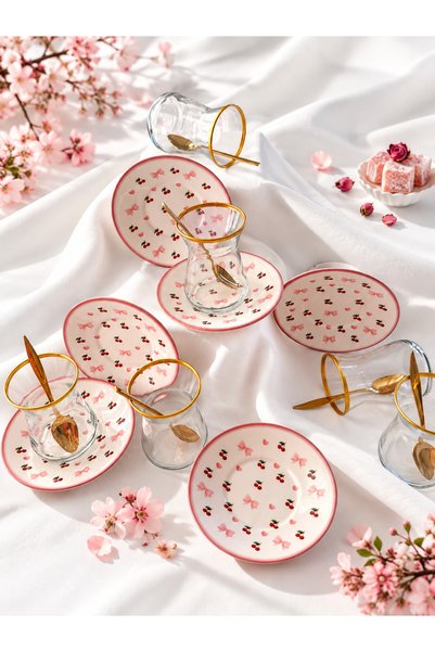 Yiğit Seramik Züccaciye Kiraz Model 6-Person 12-Piece Luxury Tea Set