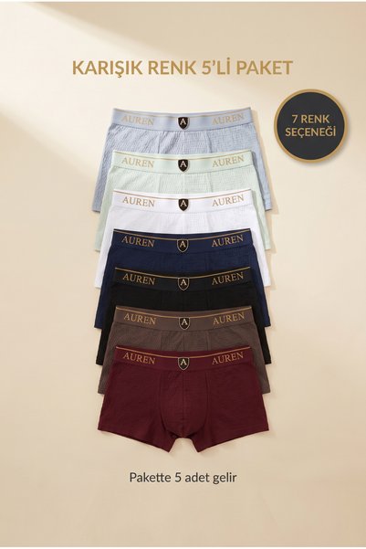 Auren Club Elite 5'li Paket Karışık Renk Erkek Boxer — %95 Organik Pamuk,