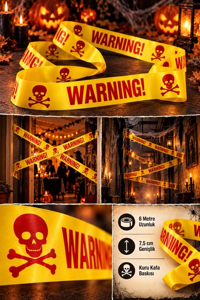 DODOMAR Halloween 6 Metre Emniyet Şeridi Sarı Kırmızı WARNING Kuru Kafalı Cad...