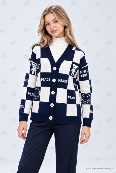 Minimoda Kids Girl's Checkered Patterned V-Neck Buttoned Knitwear Cardigan