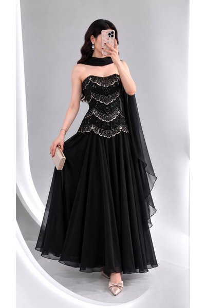 Calissa Store Luxury Embroidery Sequins Shiny Long Sleeve Black Evening Dress with Chiffon Shawl