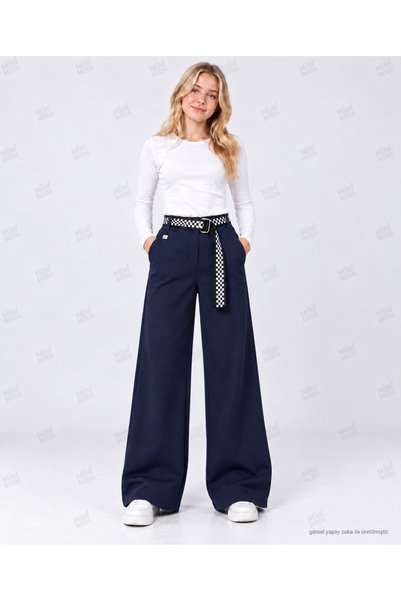 Minimoda Kids Kız Çocuk Ekose Kemerli Geniş Paça Pantolon
