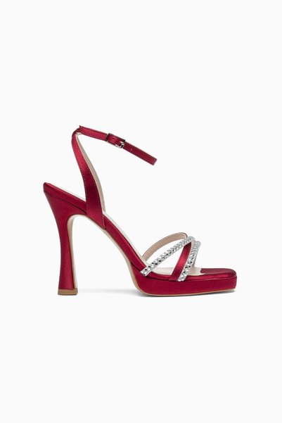 ALTIN TOPUK Women's Burgundy Satin Stone Platform Heeled Shoes