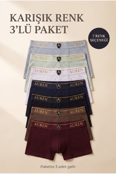 Auren Club Elite 3'lü Paket Karışık Renk Erkek Boxer — %95 Organik Pamuk,