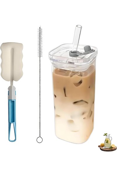 Generic 5 PCS Glass Cups with Lids and Straws Set, with Cleaning Brush (Straw...