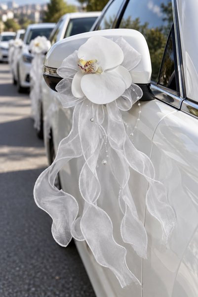 Hayalperest boncuk Bohça Süsü, Beyaz Orkideli Beyaz Organze Kurdeleli İnci Detaylı Gelin Damat Çeyiz Bavulu ve Düğün Konvoy Araba Ayna Süsü