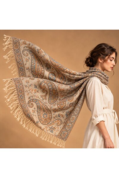 BIJUTERI Flr-5028 Cream Cinnamon Paisley Patterned Double-Sided Cashmere Shaw...