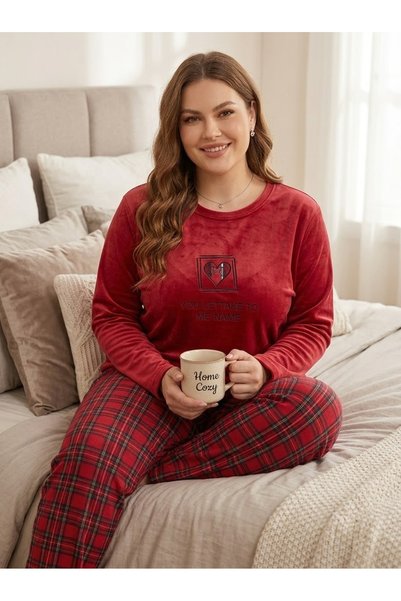 Asel Büyük Beden Likralı Yumuşak Dokulu Uzun Kollu Kadife Pijama Takımı