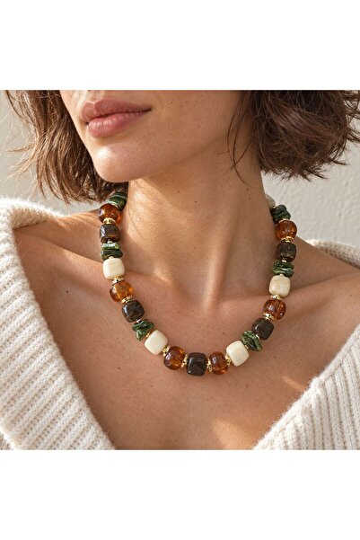 BIJUTERI Kly-1075 Amber and Olive Green Chunky Beaded Necklace |   Eos Collective