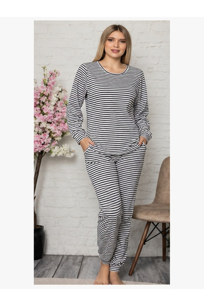 Kadın Siyah Beyaz Çizgili Uzun Kollu Bisiklet Yaka Pijama Takımı