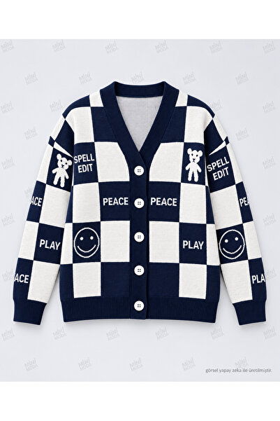 Minimoda Kids Girl's Checkered Patterned V-Neck Buttoned Knitwear Cardigan