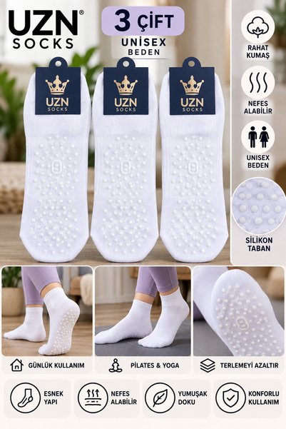 UZN SOCKS 3 Çift Beyaz Unisex Kaydırmaz Tabanlı Pilates Yoga Reformer Çorabı