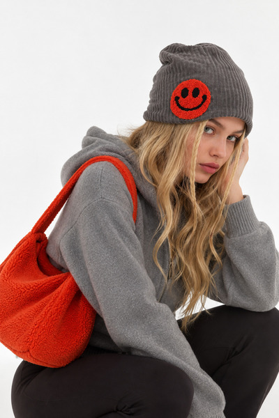 la polario Smile Süzene Embroidered Corduroy Unisex Beanie with Fleece Lining