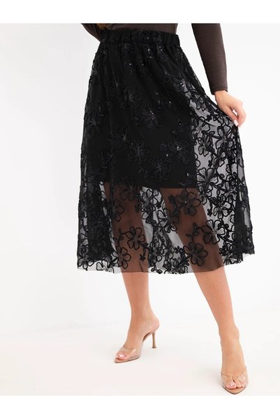 Kesi Fustă midi din tul, brodată floral, evazată, cu talie elastică, neagră