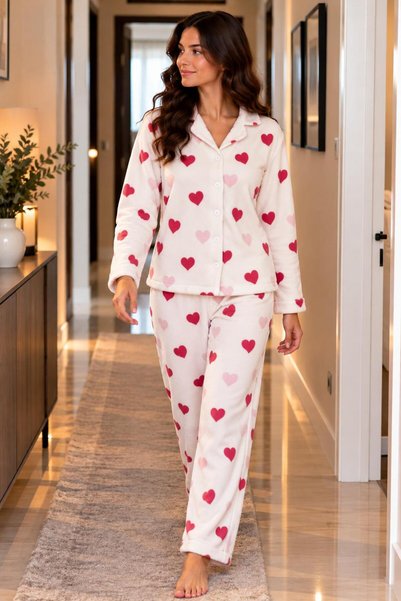 trendlina Cotton Buttoned Double Milan Pajama Set Pink Patterned