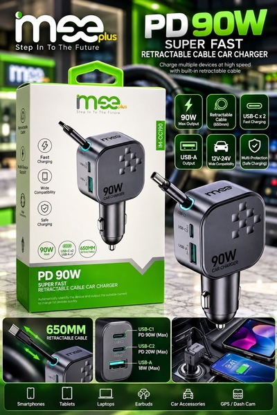 iMee PD90W SUPER FAST RETRACTABLE CABLE CAR CHARGER