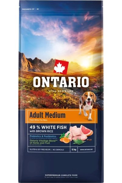 ontario Granulka Adult Mediu Pește și Orez Brun 12 kg
