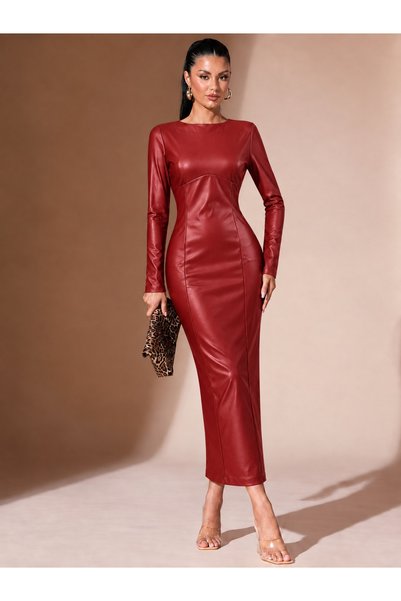 Şeker Portakalım Women's long sleeve boat neck long slim fit leather dress