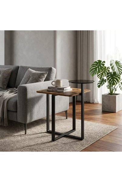Generic Wooden Service Table with Round Glass Top - Honey - 48X40X70Cm