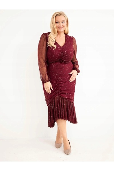 Kesi Rochie midi încrețită, mărimi mari, cu mâneci din tul cu sclipici, bordo