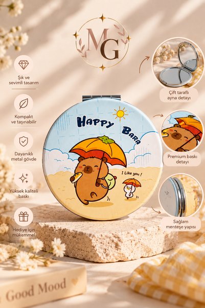 MAISON GLOWEN Happy Bara Sevimli Kapibara Desenli Katlanabilir Metal Makyaj ve Plaj Aynası