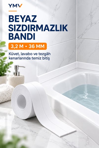 YMV 3,2 Metre Su Sızdırmaz Bant 36 mm Beyaz Kendinden Yapışkanlı Lavabo Küvet...