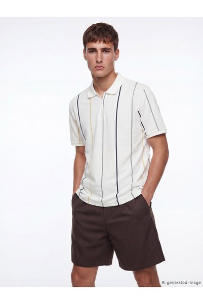 LC Waikiki Lcw Vision Ecru Polo Collar Striped Pique Men's T-Shirt
