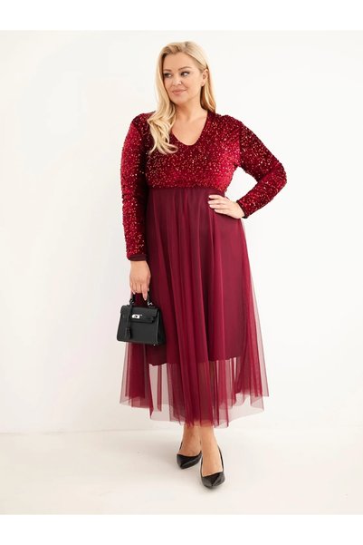 Kesi Rochie Maxi cu Paiete, Mărimi Mari, de Seară, din Tul, cu Mâneci Lungi, Culoare Prună