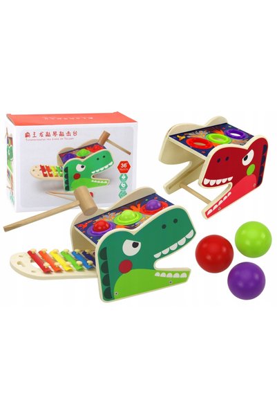 LeanToys ND24_10383 Instrument de percuție dinozaur 2-în-1 din lemn