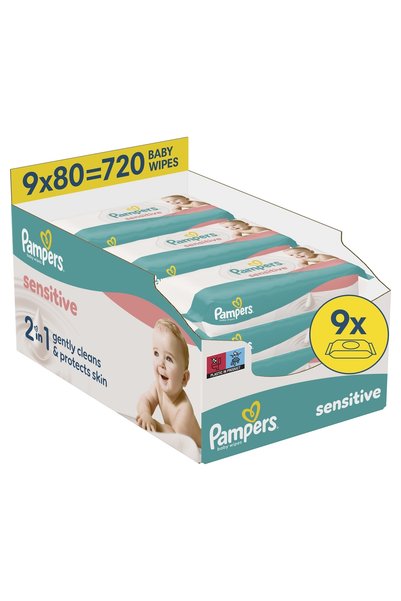 Pampers Șervețele umede Sensitive Baby, 9 pachete x 80 bucăți