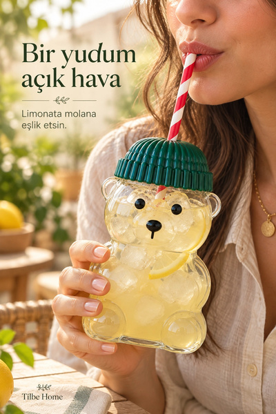 Tilbe Home 2li Ayıcık Cam Bardak Su Matarası 600ml Pipetli Kapaklı Suluk Soğuk İçecek Kokteyl Bardağı Şişe