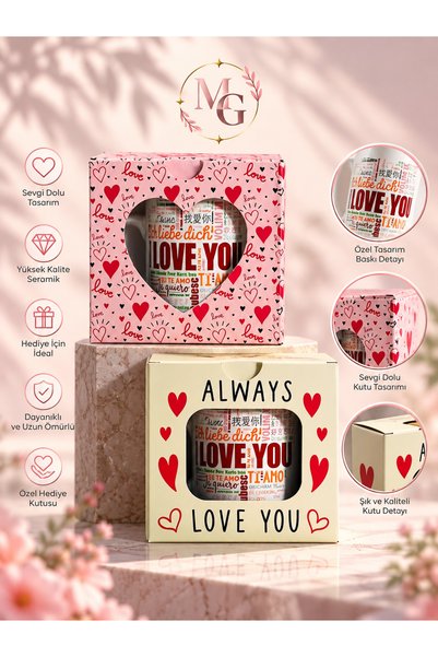 MAISON GLOWEN Aşk Temalı Kutulu Seramik Kupa Bardak – I Love You Tasarımlı Sevgiliye Romantik Hediye