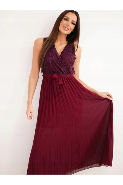 Kesi Rochie de seară maxi plisată, fără mâneci, cu decolteu în V, brodată, prună