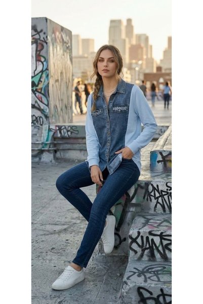 StormWear Double Fabric Detailed Stoned Denim Shirt