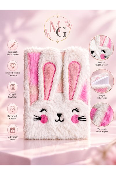 MAISON GLOWEN Tavşan Figürlü Peluş Defter, Pembe Beyaz Yumuşak Kapaklı Çizgili Günlük ve Not Defteri, Sevimli Hediye