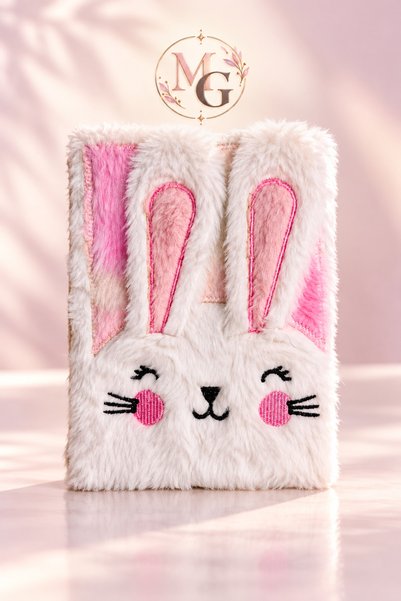 MAISON GLOWEN Tavşan Figürlü Peluş Defter, Pembe Beyaz Yumuşak Kapaklı Çizgili Günlük ve Not Defteri, Sevimli Hediye