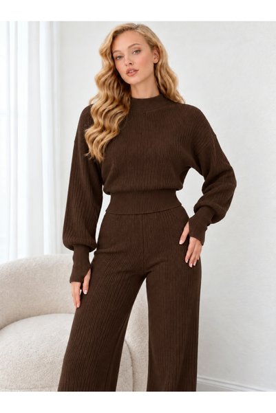 ZERELLE COLLECTİON kadın triko crop yüksel bel parmak geçme pantolonlu takım