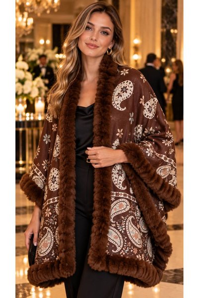 FELLMENS Coffee Premium Faux Fur Shawl Patterned Woven Rectangular Women's Po...