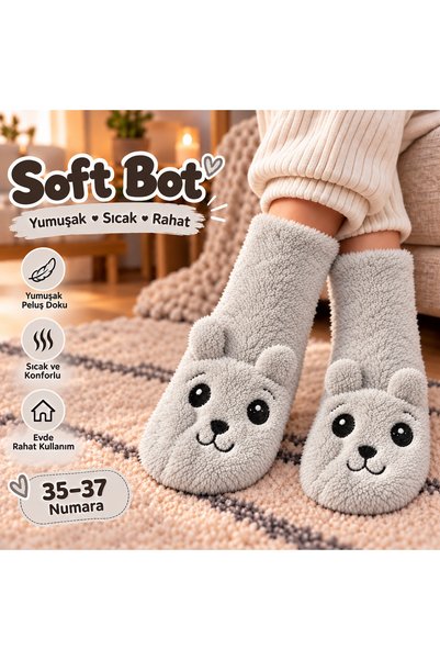 Soft Bot Kadın Peluş Ev Botu Çorabı – Yumuşak, Sıcak, Rahat, Sevimli Hayvan Figürlü, Gri 35-37 Numara