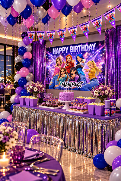 HAPPYLOOPPARTY مجموعة حفلات عيد الميلاد من مانيفست تتسع لـ 8 أشخاص مقاس 100 × 130 سم، زينة عيد ميلاد للفتيات، مجموعة زينة طاولة مع بالونات