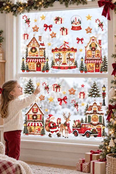 Sim Tasarım New Year Christmas Village Houses Glass Sticker Set Santa Claus D...