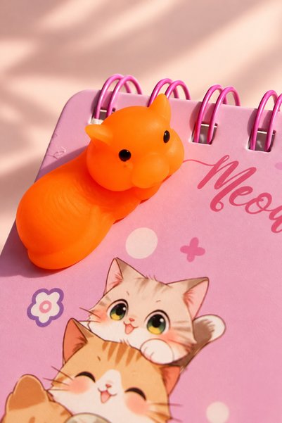 MAISON GLOWEN Kedili Pembe Spiralli Defter – 3D Turuncu Kedi Figürlü Sevimli Tasarım Not Defteri
